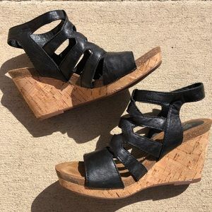 SÖFFT COURTNEE WEDGE Black Leather Cork Cage Open Toe Heeled Platform Sandal